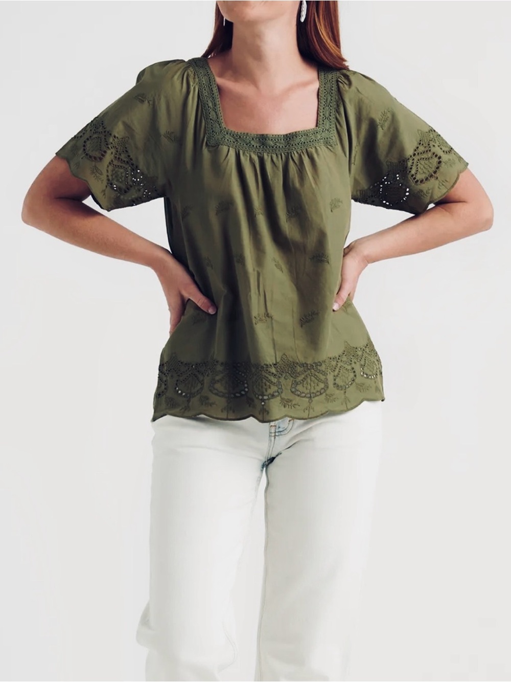 Lucky Brand Olive Green Eyelet & Embroidered Square-Neck Peasant Style Blouse - Picture 6 of 9